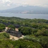 Aerial view of mile long barracks at corregidor island