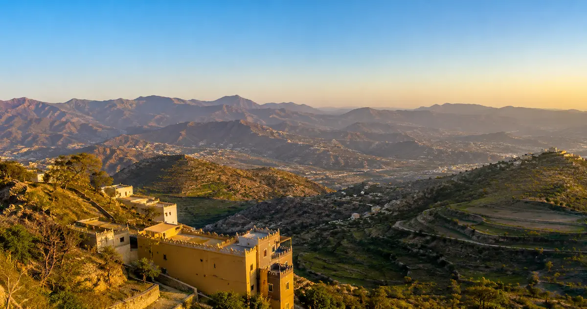 Panoramic mountain view from Al Kar Tourist Village Taif Saudi Arabia at 2200m elevation