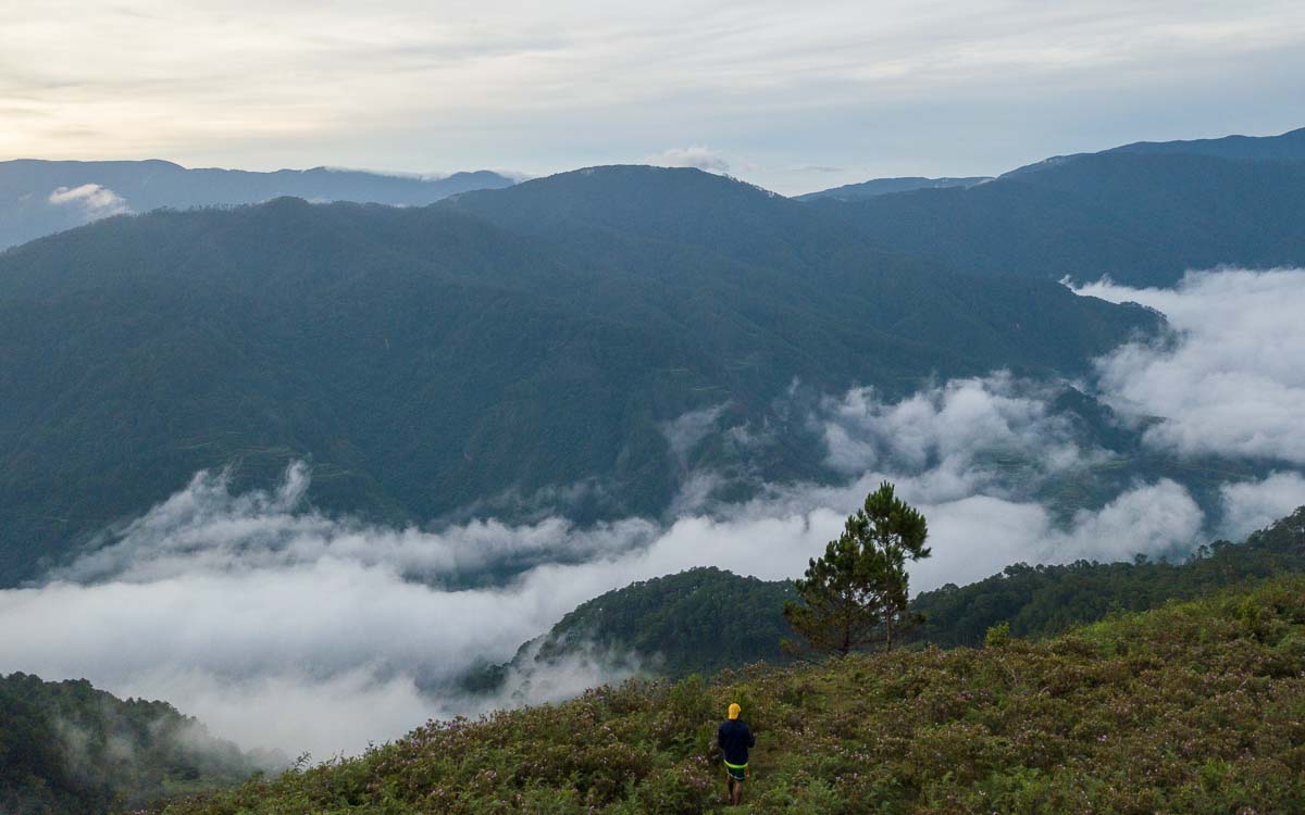 Aerial drone view of Kamanbaneng Peak and surrounding Sagada mountain landscape from above