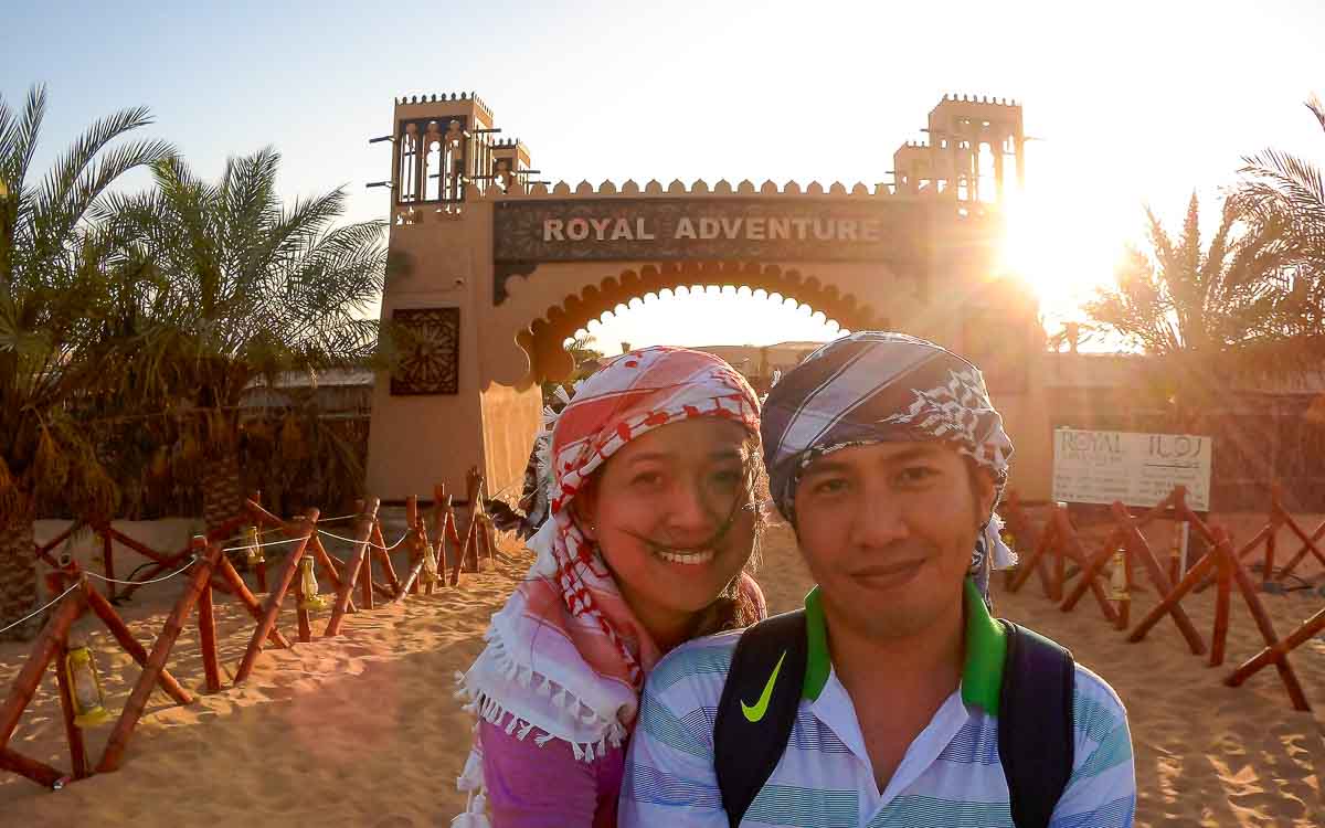 Authentic Bedouin desert camp with traditional Arabian decorations during sunset Dubai