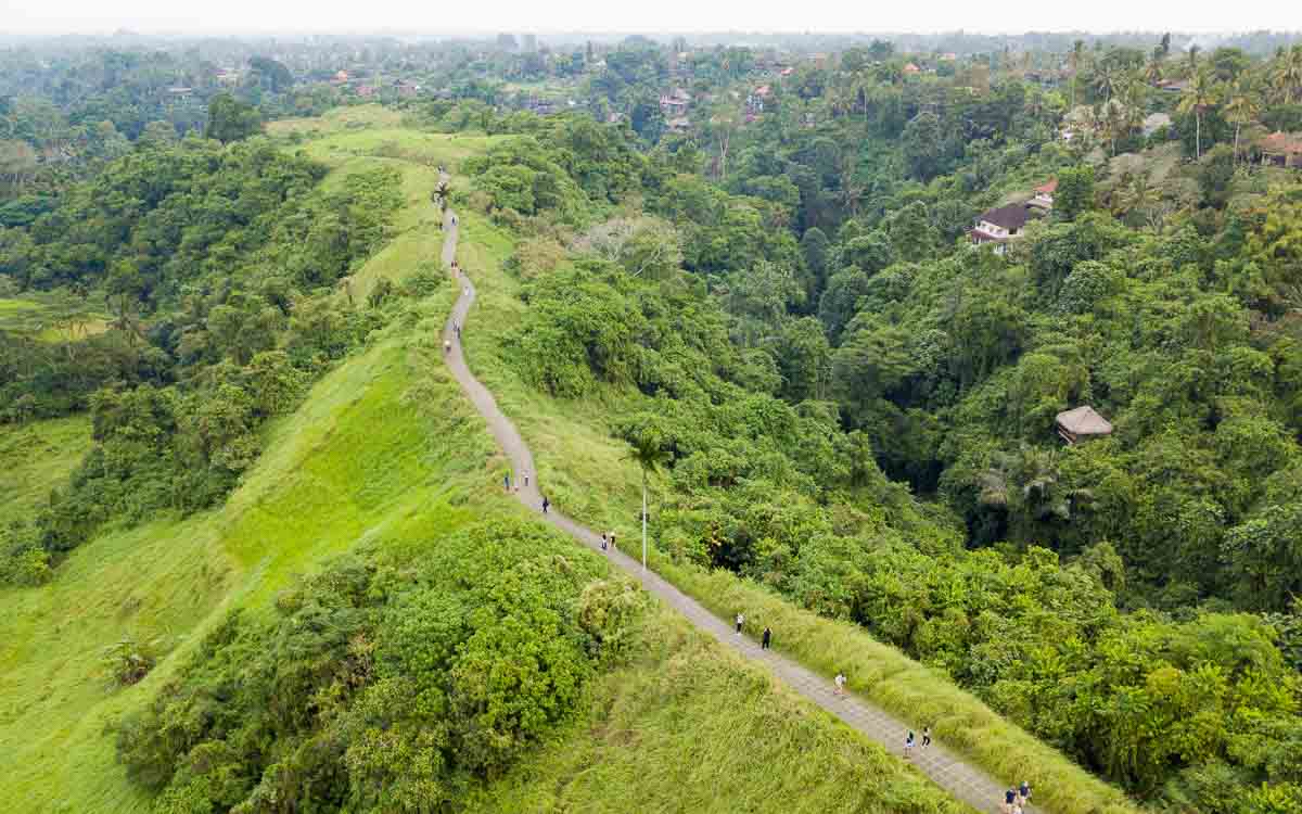 Stunning aerial view of Campuhan Ridge Walk trail winding through lush tropical valleys in Ubud, Bali with traditional villages visible below