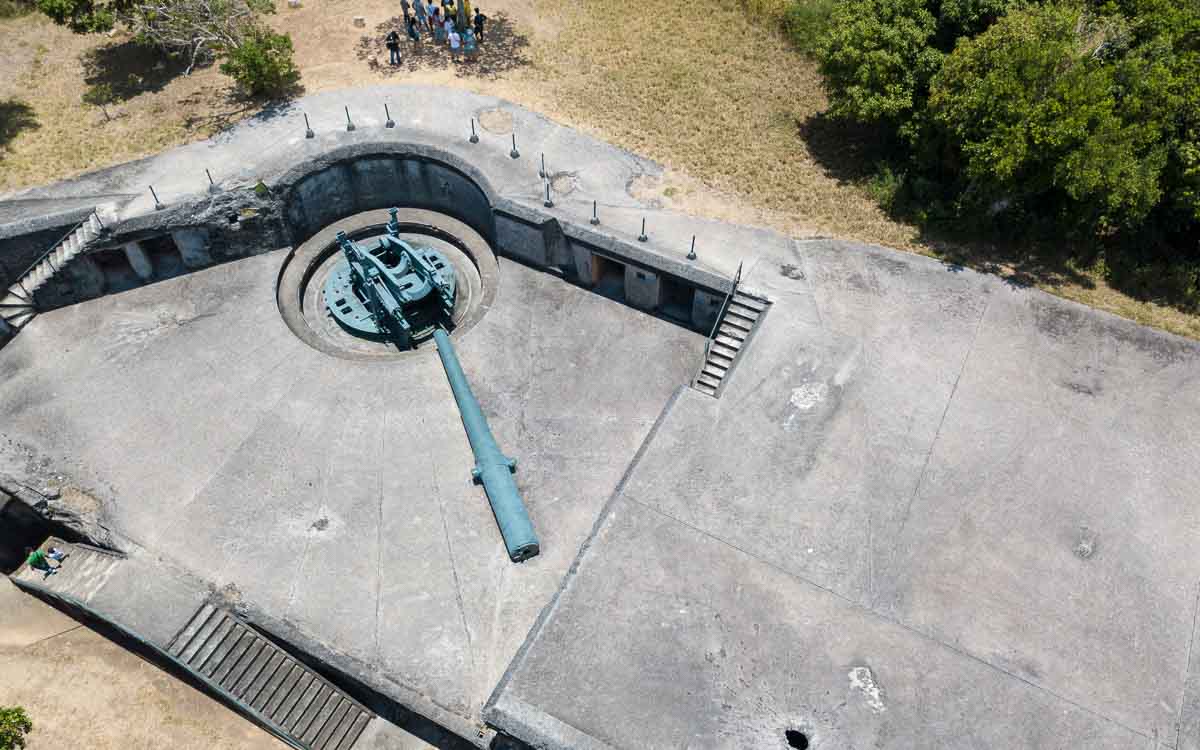 aerial view of a cannon at Battery Grubbs in Corregidor