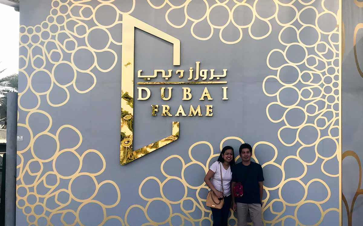 Joanna and Nathaniel at Dubai Frame entrance