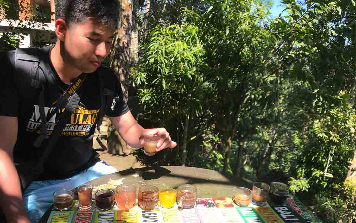 Variety of Balinese coffee and tea flavors displayed at Santi Agro Wisata coffee plantation