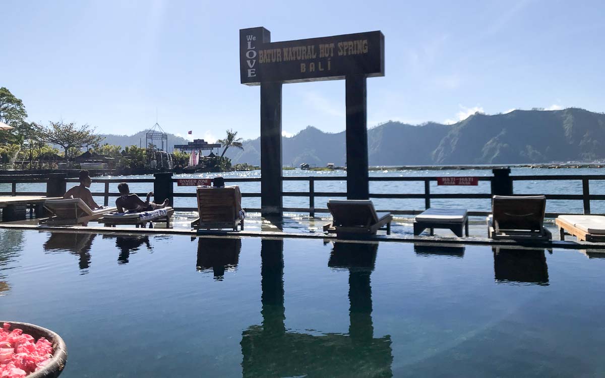 Batur Natural Hot Springs pools with Lake Batur mountain views after Mount Batur hike