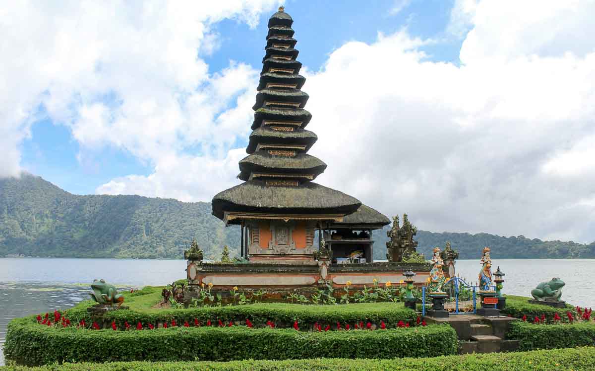 Multi-tiered pagodas of Ulun Danu Bratan temple on Lake Bratan shore