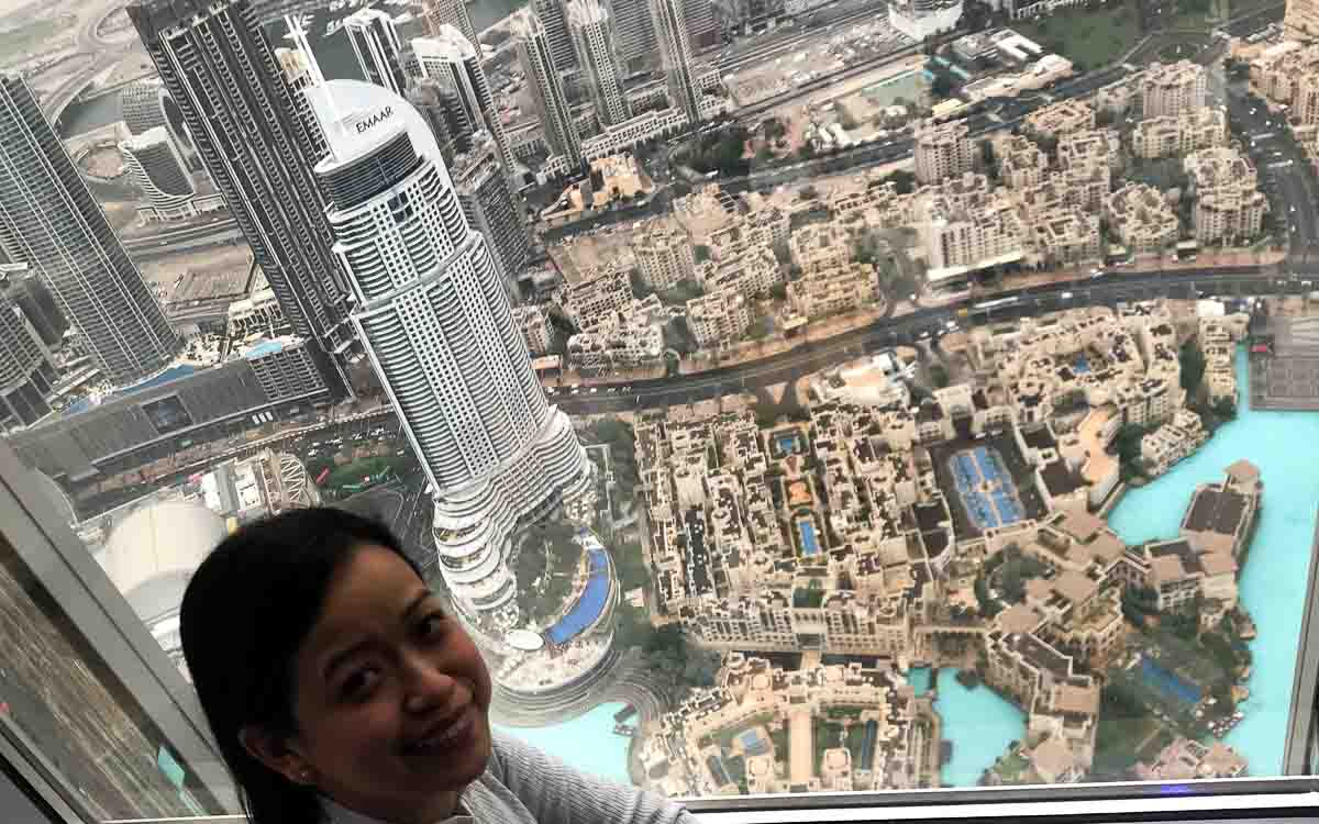 Panoramic view from Burj Khalifa observation deck showing Dubai cityscape