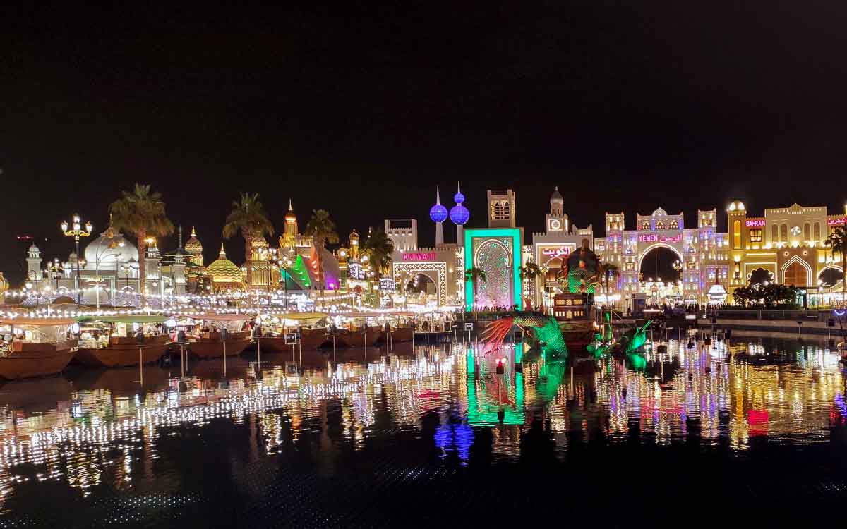 Cultural pavilions at Global Village Dubai showcasing different countries