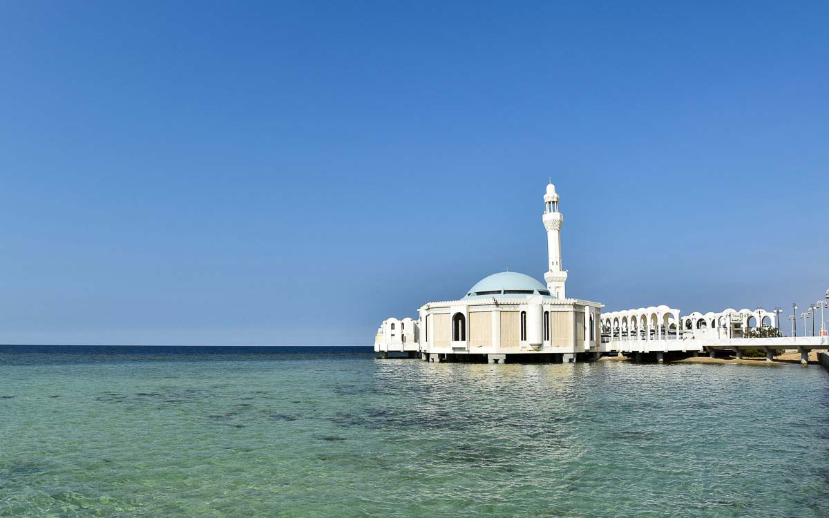 Al Rahma Floating Mosque appearing to hover above Red Sea waters