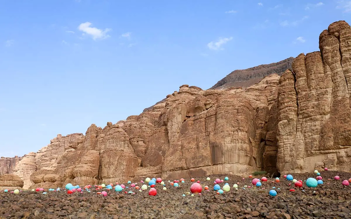 Colorful circular art installation at Our Habitas resort in Ashar Valley AlUla Saudi Arabia