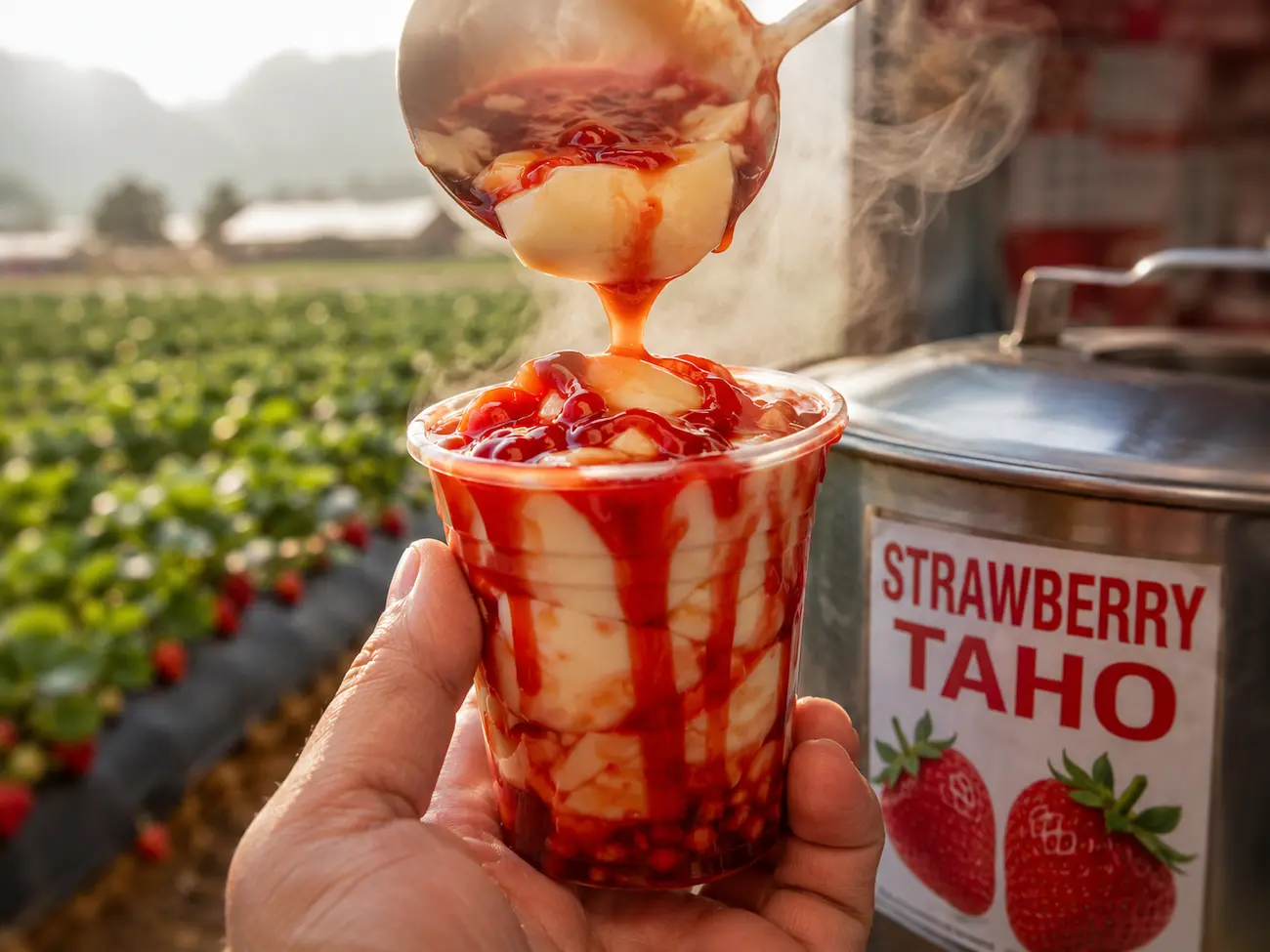 Hand holding a plastic cup of strawberry taho with blurred strawberry farm background